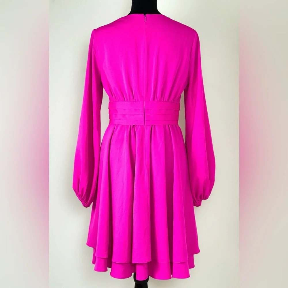 Eliza J Hot Pink Fuschia Long Sleeve Fit & Flare V-Neck Dress-Small - Picture 5 of 10